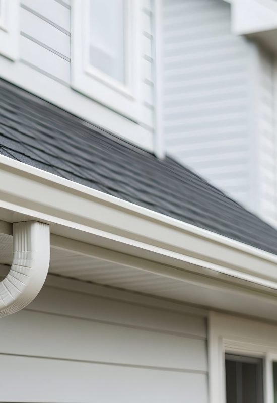 new home construction exterior seamless gutters white siding roof real estate property improvement home renovation residential architecture house building exterior design home improvement project